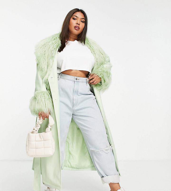 Asos Design Curve Leather Look Belted Coat With Borg Trim In Pistachio-green