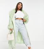 Asos Design Curve Leather Look Belted Coat With Borg Trim In Pistachio-green