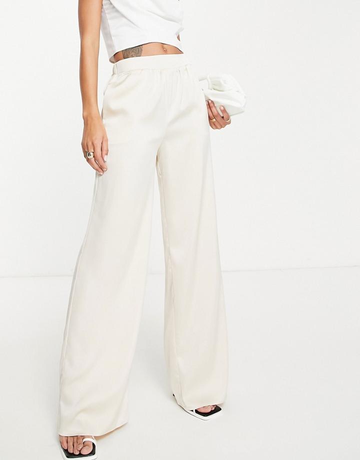 Pretty Lavish Relaxed Satin Pants In Cream - Part Of A Set-white