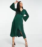 Asos Design Maternity Satin Wrap Midi Dress With Flared Cuff And Tie Detail In Forest Green
