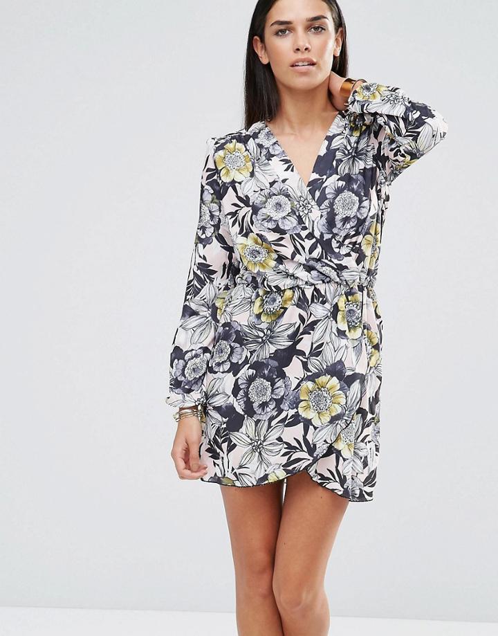 Love Long Sleeve Wrap Dress - Nude Floral