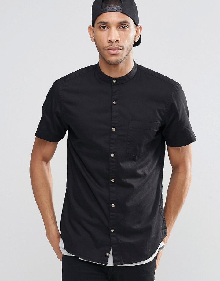 Pull & Bear Short-sleeve Shirt With Grandad Collar In Black In Regular Fit - Black