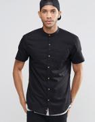 Pull & Bear Short-sleeve Shirt With Grandad Collar In Black In Regular Fit - Black
