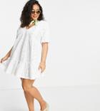 Asos Design Curve Eyelet V-neck Smock Dress With Puff Sleeves In White