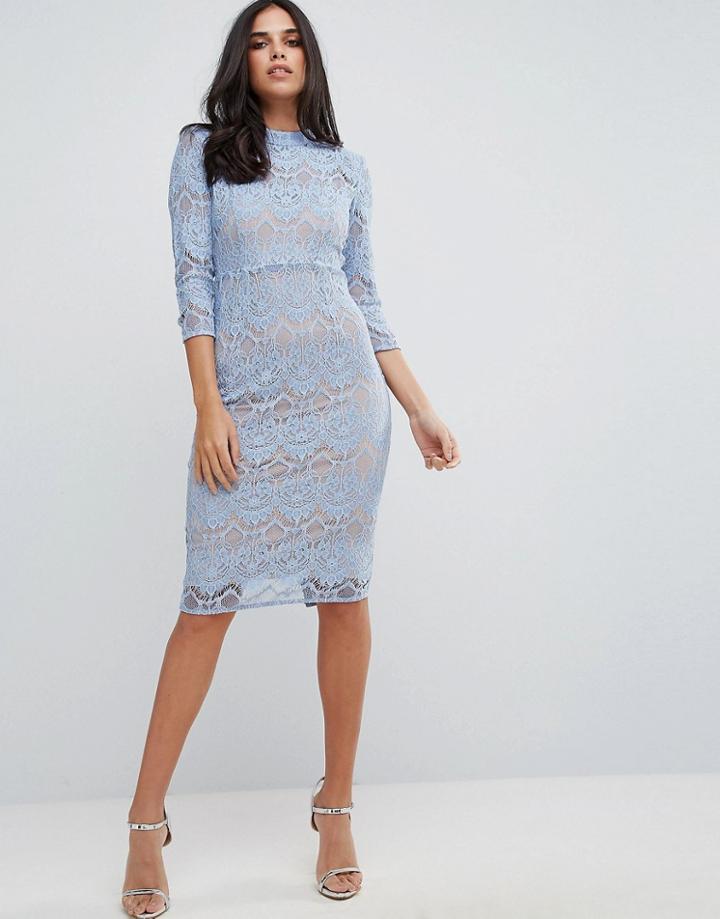 Forever Unique Lace High Neck Midi Pencil Dress - Blue