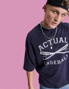 Asos Actual Oversized T-shirt With Ribbed Ringer Neck And Logo Graphic Baseball Print In Navy