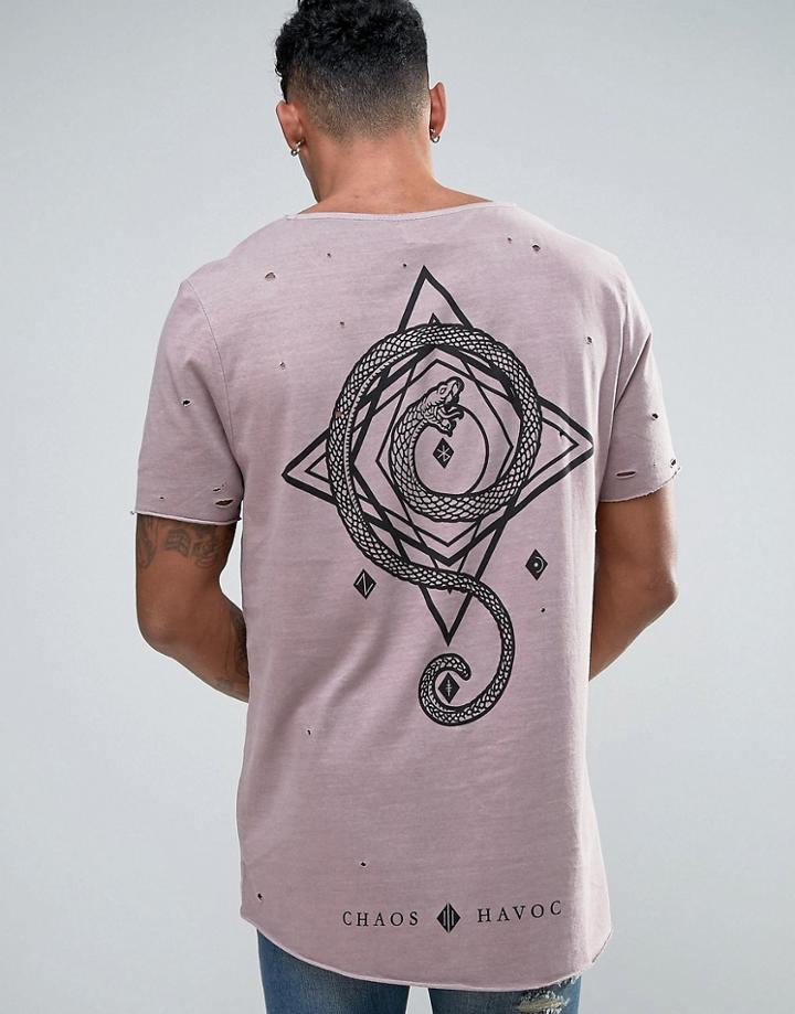 Asos Longline T-shirt With Back Print And Distressing - Brown