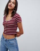 Asos Design Crop Top In Stripe Rib With Button Front - Multi