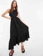 Asos Edition Tiered Hem Organza Check Midi Dress With Open Back In Black