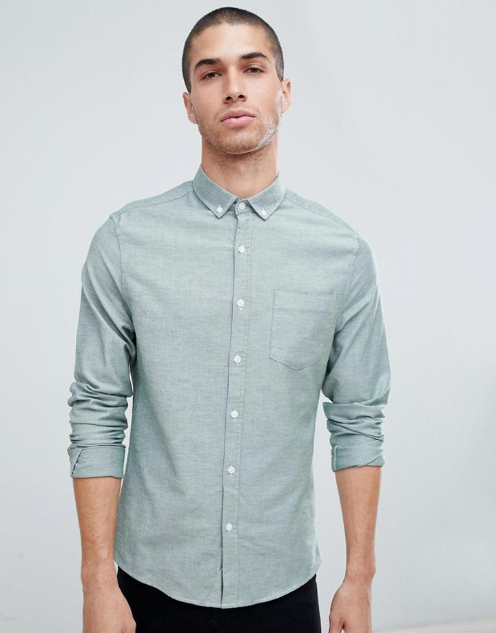 Asos Design Skinny Shirt In Green Texture & Button Down Collar - Green