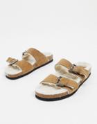 Pull & Bear Faux Fur Lined Sandals In Tan-brown