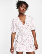 In The Style X Perrie Sian Puff Sleeve Frill Wrap Detail Mini Dress In White Ditsy Print-multi