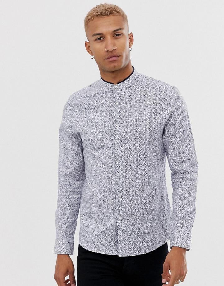 Asos Design Slim Fit Ditsy Floral Shirt With Contrast Grandad Collar Trim-white