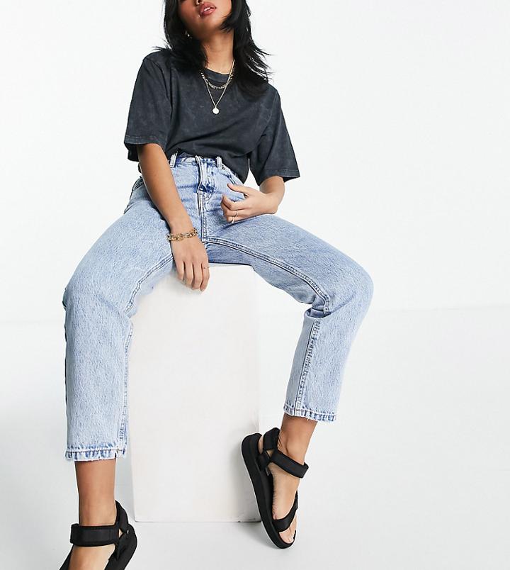 Pull & Bear Petite High Waist Basic Mom Jeans In Light Blue-blues