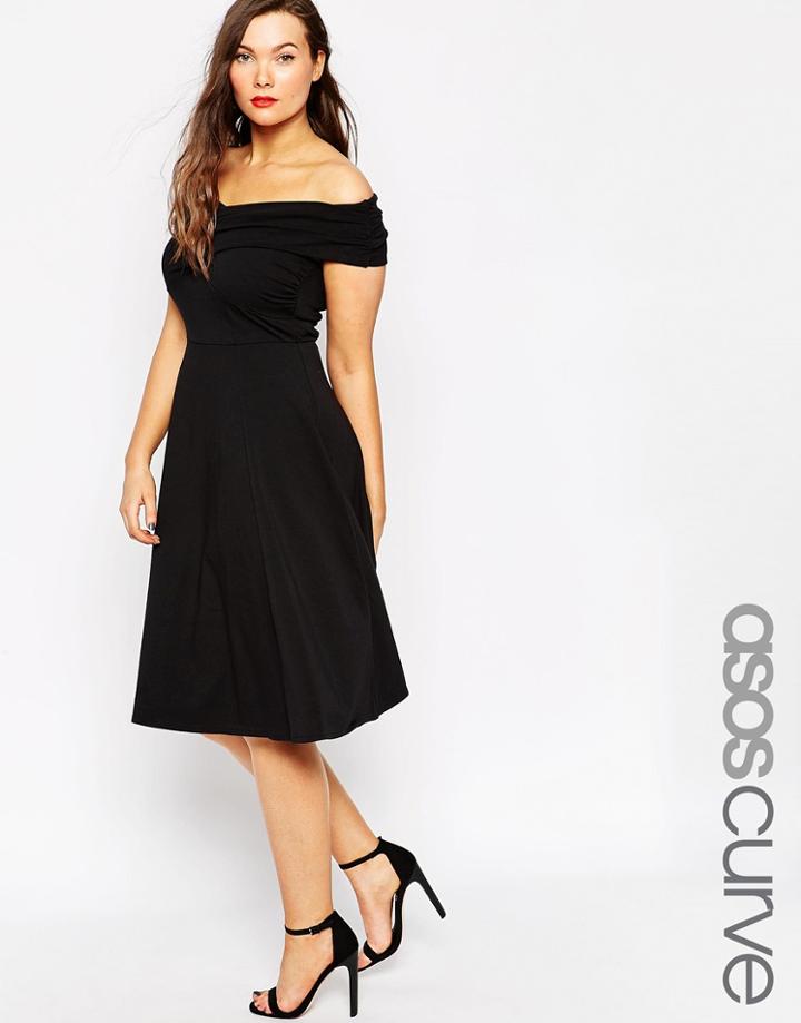 Asos Curve Midi Skater Dress With Bardot Cross Front - Black