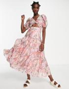 & Other Stories Cut Out Front Tiered Maxi Dress In Pink Floral