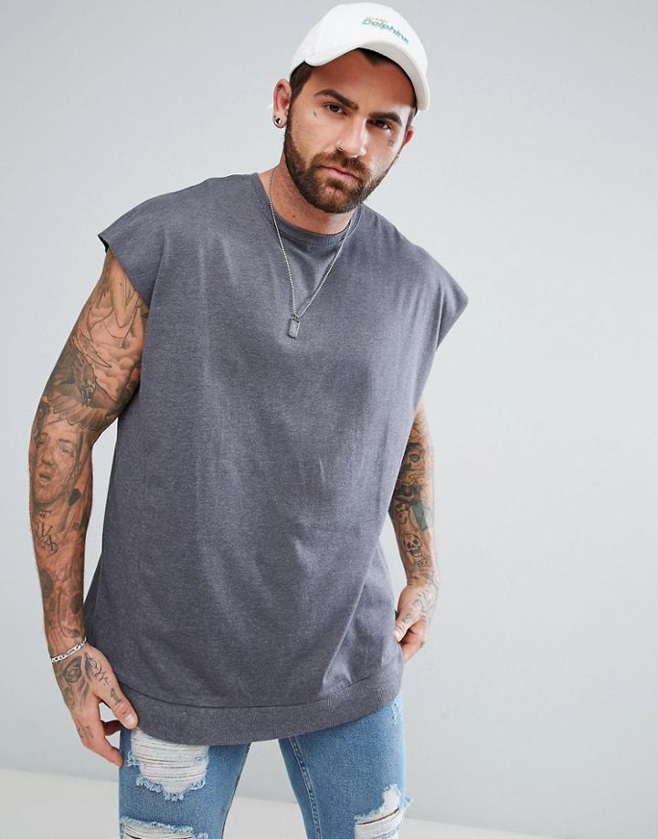 Asos Oversized Sleeveless T-shirt With Raw Edge And Rib Inserts In Heavy Weight - Gray
