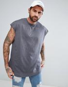 Asos Oversized Sleeveless T-shirt With Raw Edge And Rib Inserts In Heavy Weight - Gray