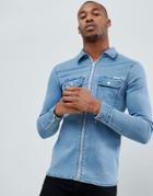 Liquor N Poker Shirt With Zip Cuff In Light Blue - Blue