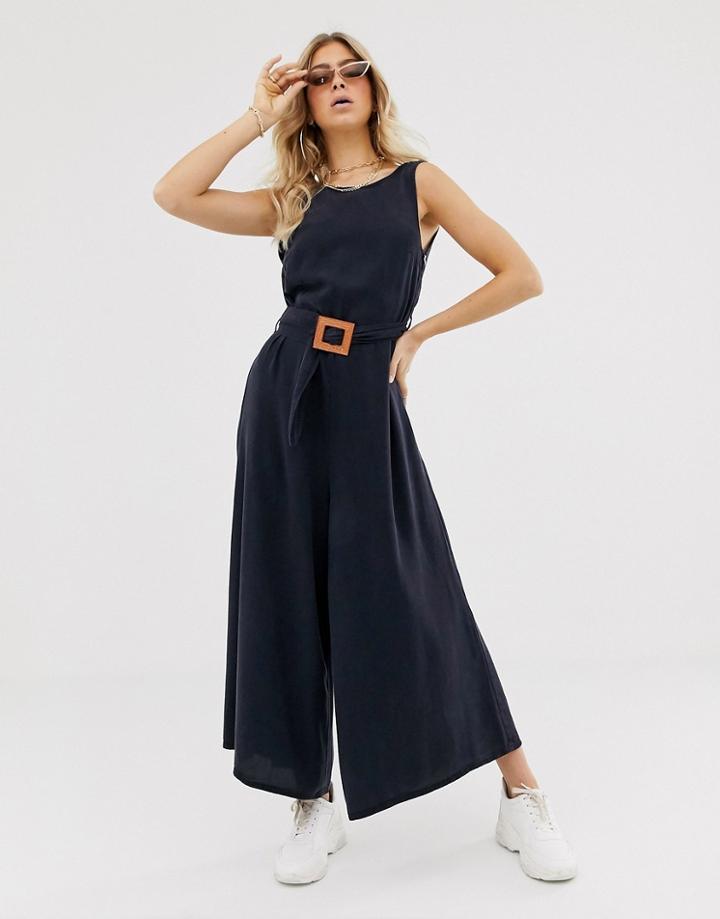 Asos Design Soft Denim Belted Wide Leg Jumpsuit-blue
