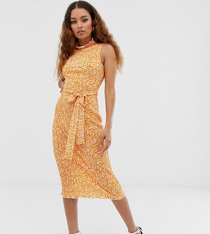 Asos Design Petite Exclusive Midi Ditsy Print Plisse Dress With Belt - Green