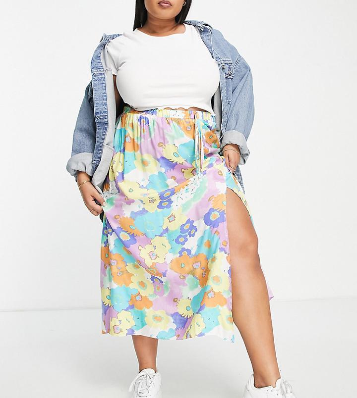 Asos Design Curve Full Midi Skirt With Elastic Waist In White Base Bright Floral Print-multi