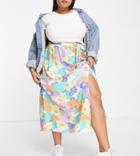 Asos Design Curve Full Midi Skirt With Elastic Waist In White Base Bright Floral Print-multi