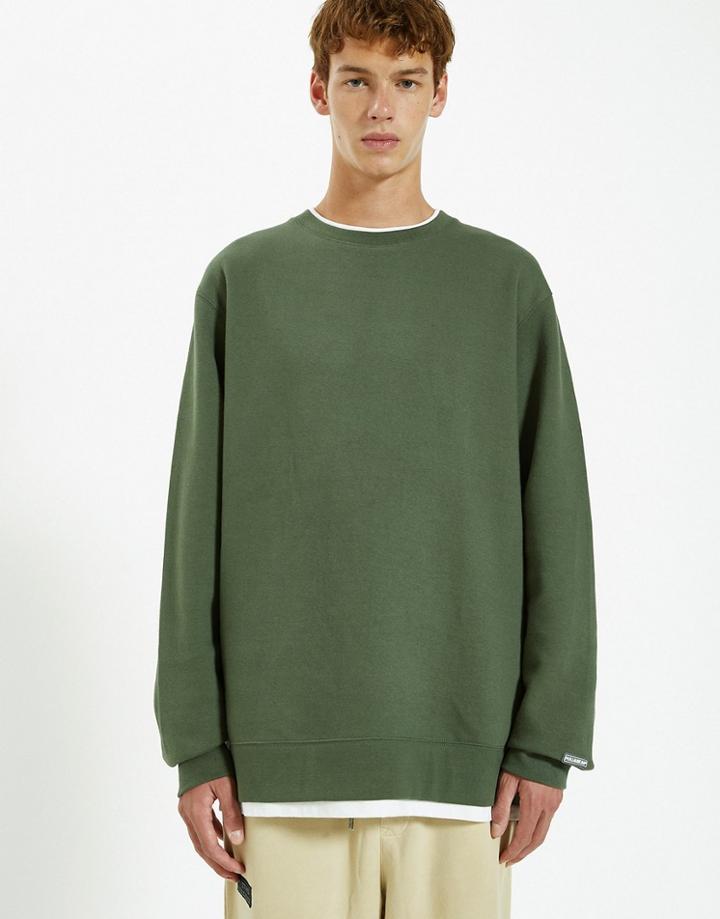 Pull & Bear Join Life Crew Neck Lightweight Sweatshirt In Khaki-green