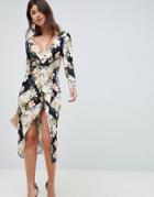 Asos Design Long Sleeve Textured Wrap Midi Dress In Mixed Floral Print - Multi