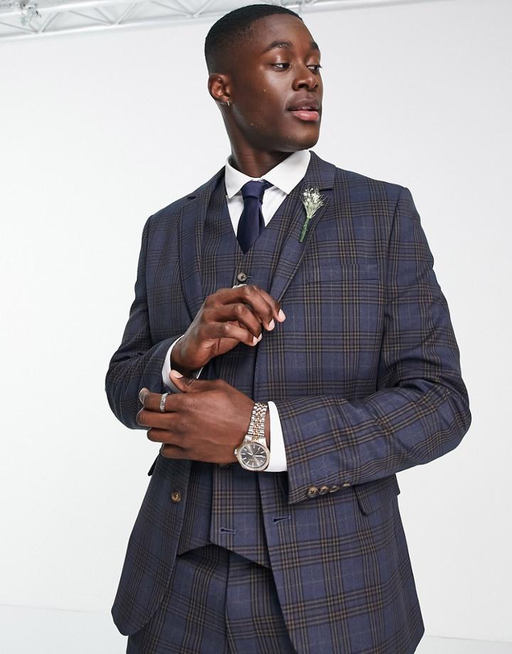 Asos Design Super Skinny Suit Jacket In Dark Navy And Rust Check