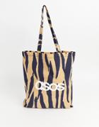 Asos Design Branded Tote In All Over Tiger Print - Brown