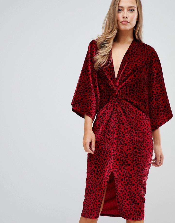 Flounce London Velvet Twist Front Midi Dress In Red Animal