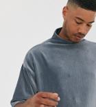 Asos Design Tall Oversized T-shirt With Half Sleeve And Turtleneck In Ribbed Velour In Blue