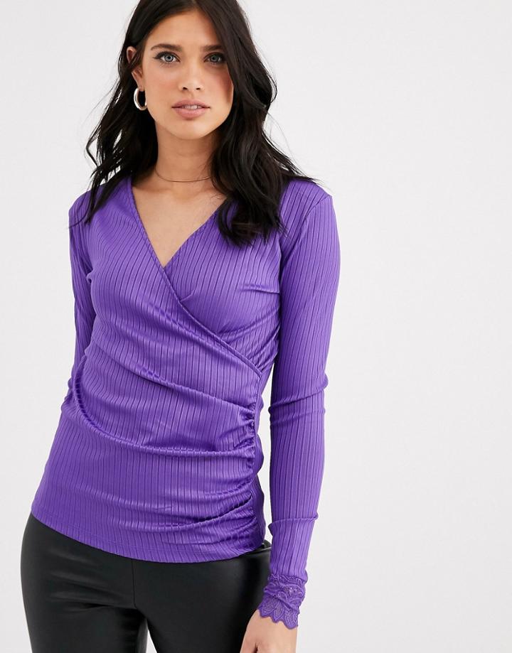 Y.a.s Long Sleeve Lace Trim Wrap Top-purple