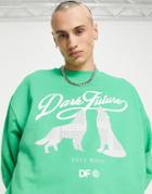 Asos Dark Future Oversized Sweatshirt With Wolf Graphic Front Print In Green