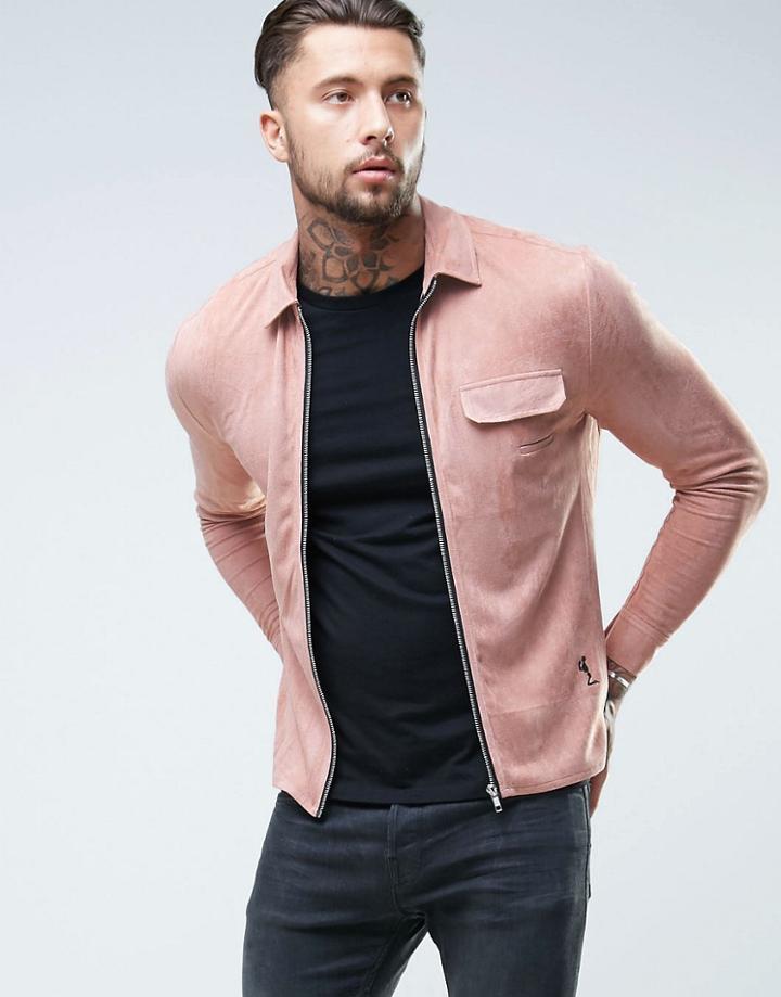 Religion Faux Suede Zip Shirt In Regular Fit - Stone