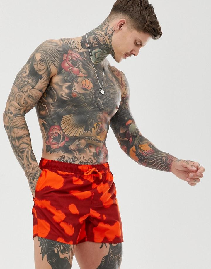 Asos Design Swim Shorts In Red And Orange Cow Print Short Length - Multi