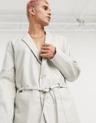 Asos Design Skinny Blazer In Faux Leather In Cream With Tie-white