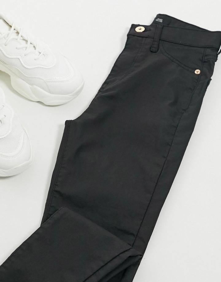 River Island High Rise Waxed Skinny Jeans In Black