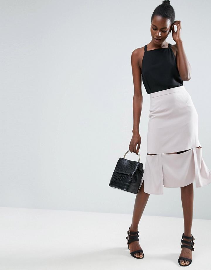 Asos Midi Skirt With Cut Out Detail - Gray
