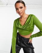 Rebellious Fashion Cowl Neck Long Sleeve Crop Top In Green