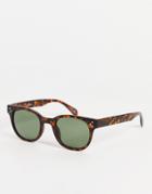 Asos Design Recycled Round Sunglasses With Green Lens In Brown Tortoiseshell