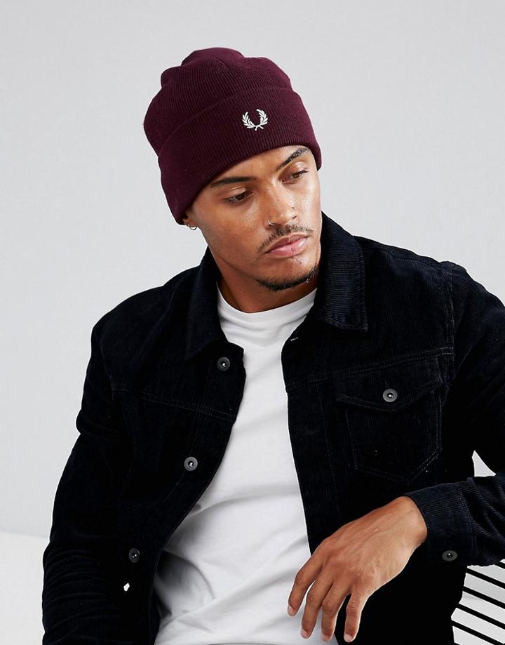 Fred Perry Merino Wool Beanie Mahogany - Red