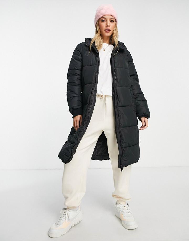 Pieces Longline Padded Coat In Black