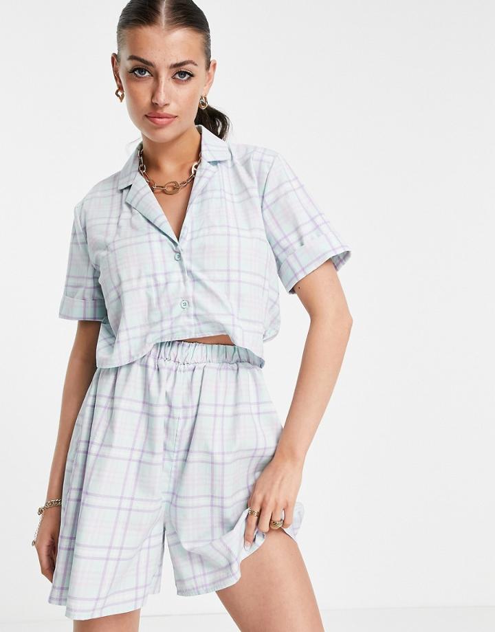 Asos Design Cut Out Collar Romper In Pastel Check-multi