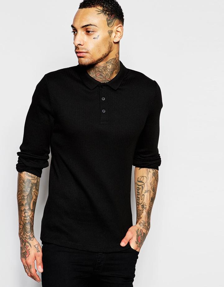 Asos Long Sleeve Extreme Muscle Jersey Ribbed Polo In Black - Black