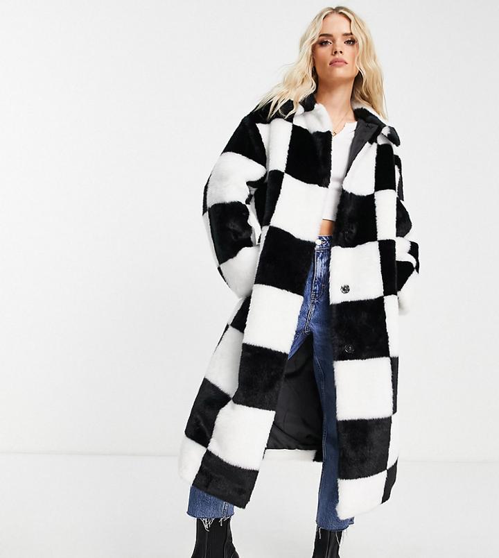 Asos Design Petite Oversized Faux Fur Coat In Black And White-multi
