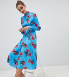 River Island Floral Print High Neck Midi Dress In Blue - Blue