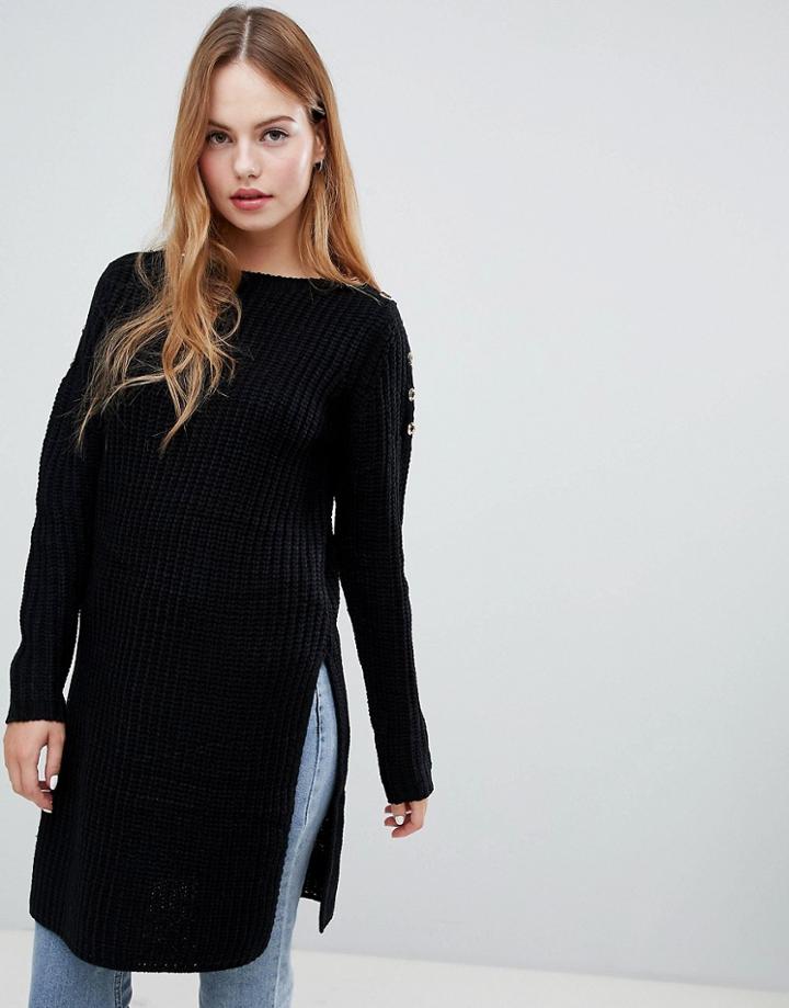 Qed London Ribbed Split Hem Sweater - Black