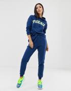 Asos Design Tracksuit Varsity Print Hoodie / Jogger With Tie - Navy